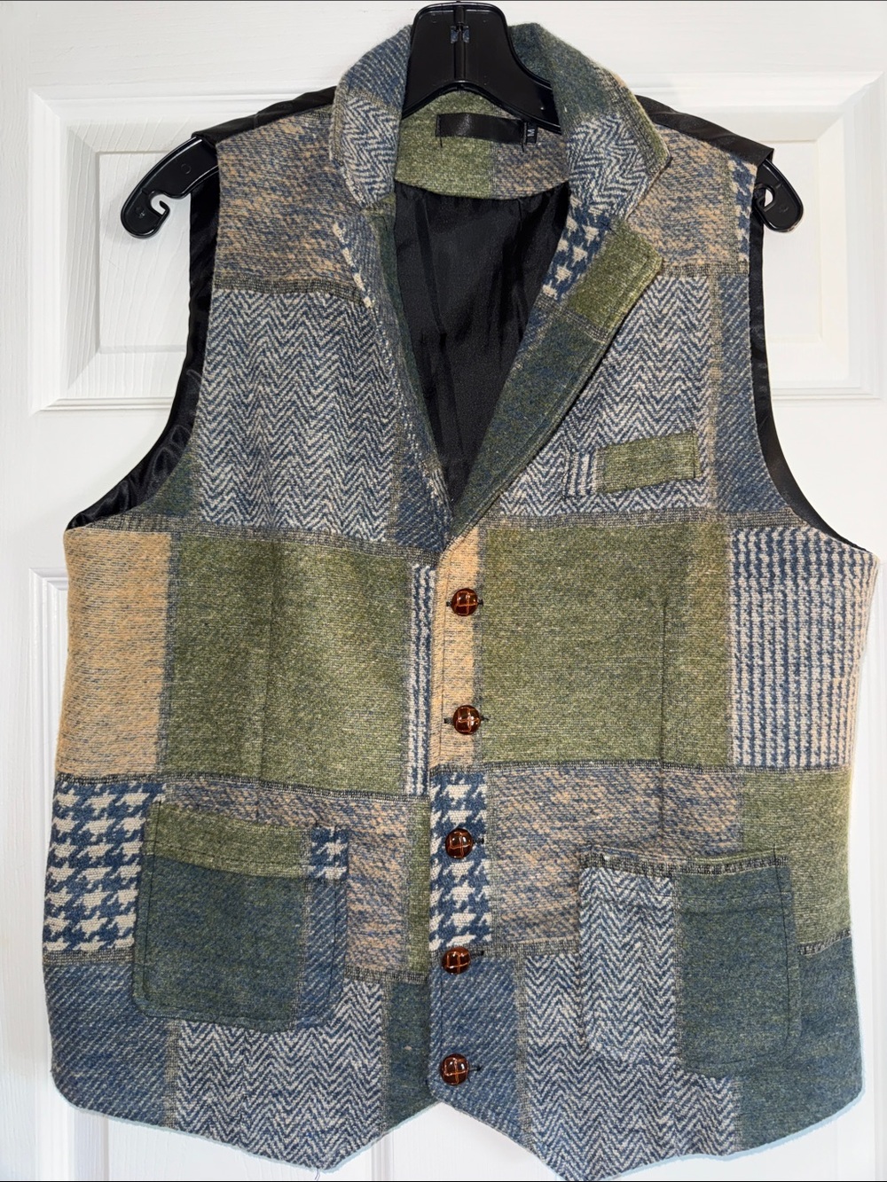 Mens Patchwork Wool Blend Vest - Green & Blue